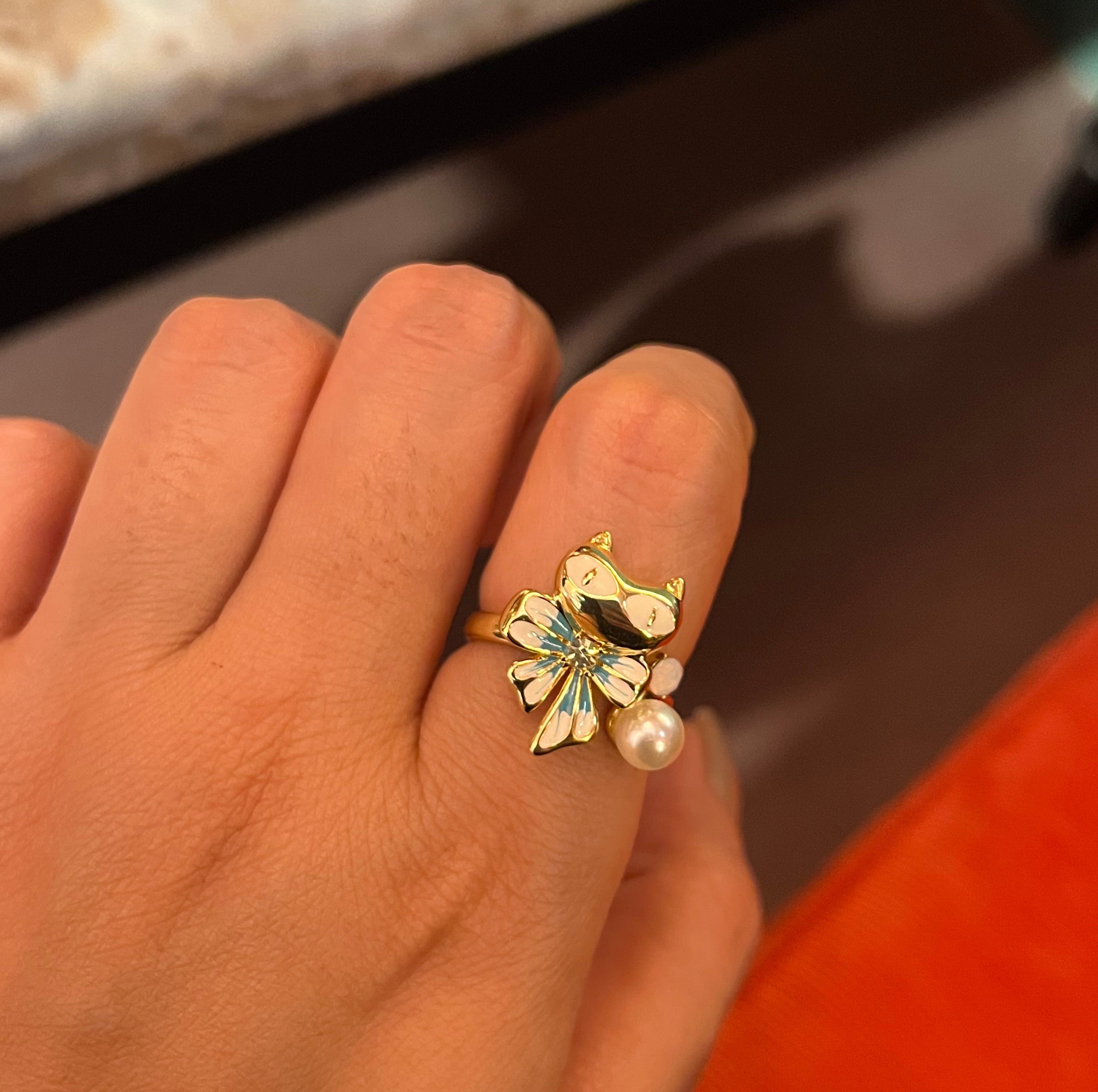 Golden Owl Pearl Adjustable Ring