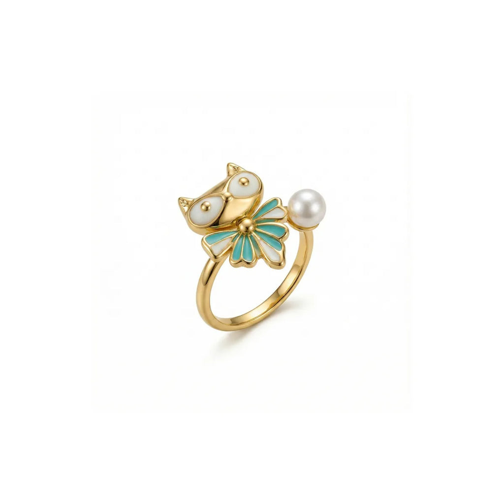 Golden Owl Pearl Ring-18 K Gold Plated