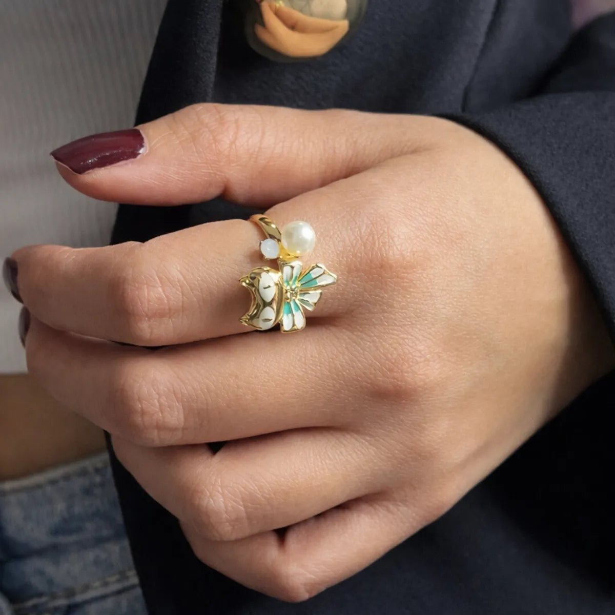 Golden Owl Pearl Adjustable Ring
