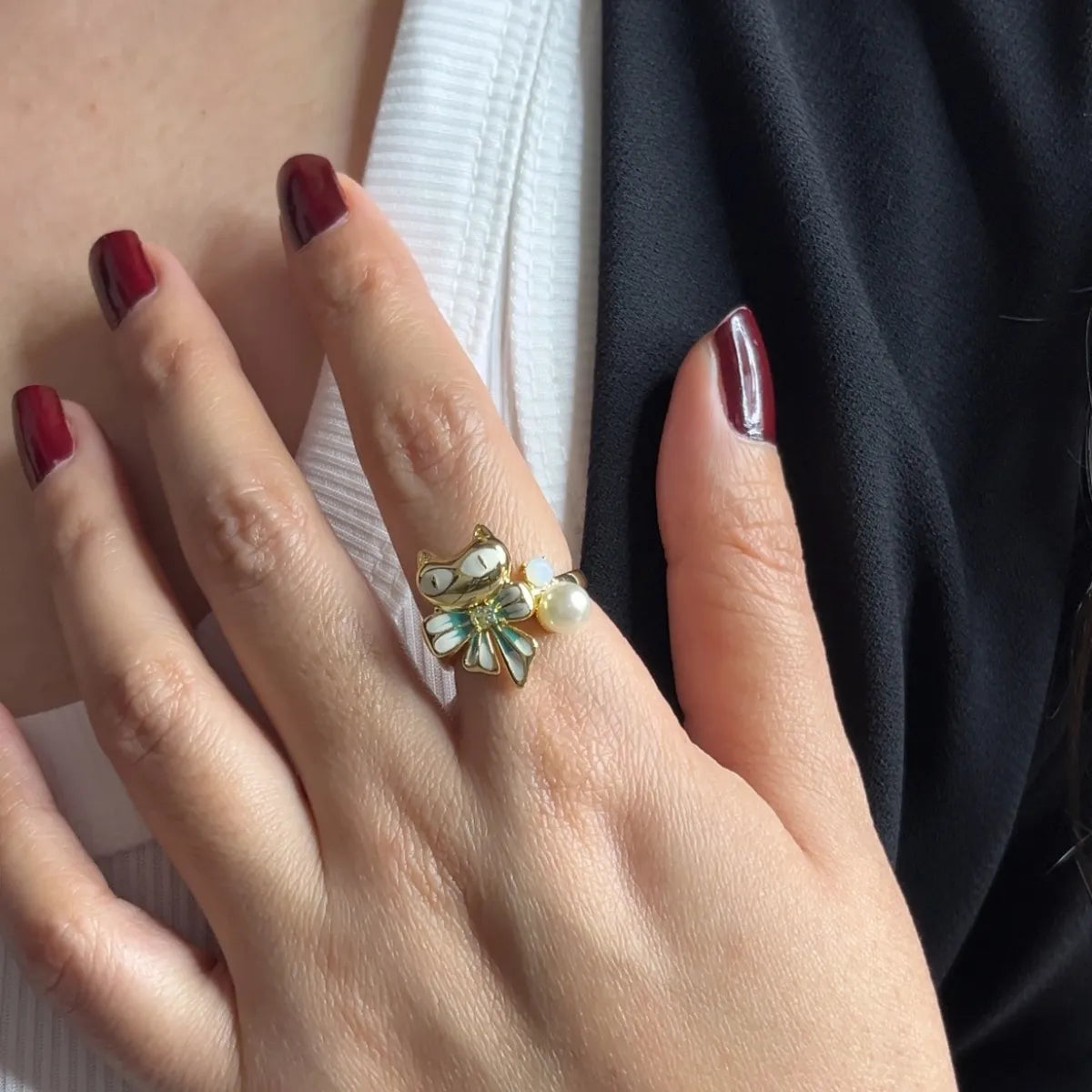 Golden Owl Pearl Adjustable Ring