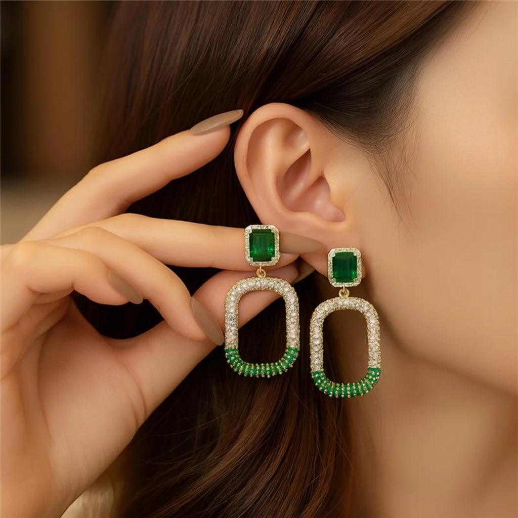 Green studded rectangle earrings model 90% (1)