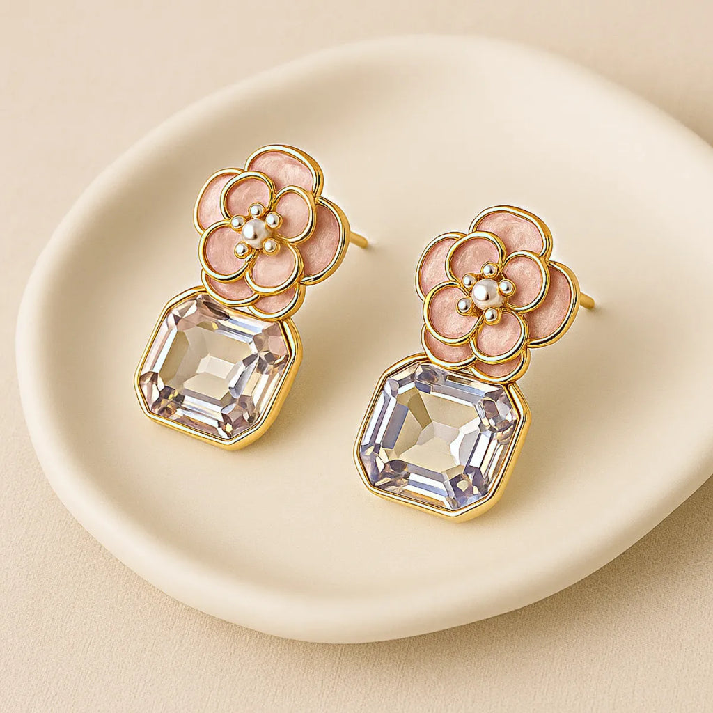 Crystal Pink Flower Earring image 2 80%