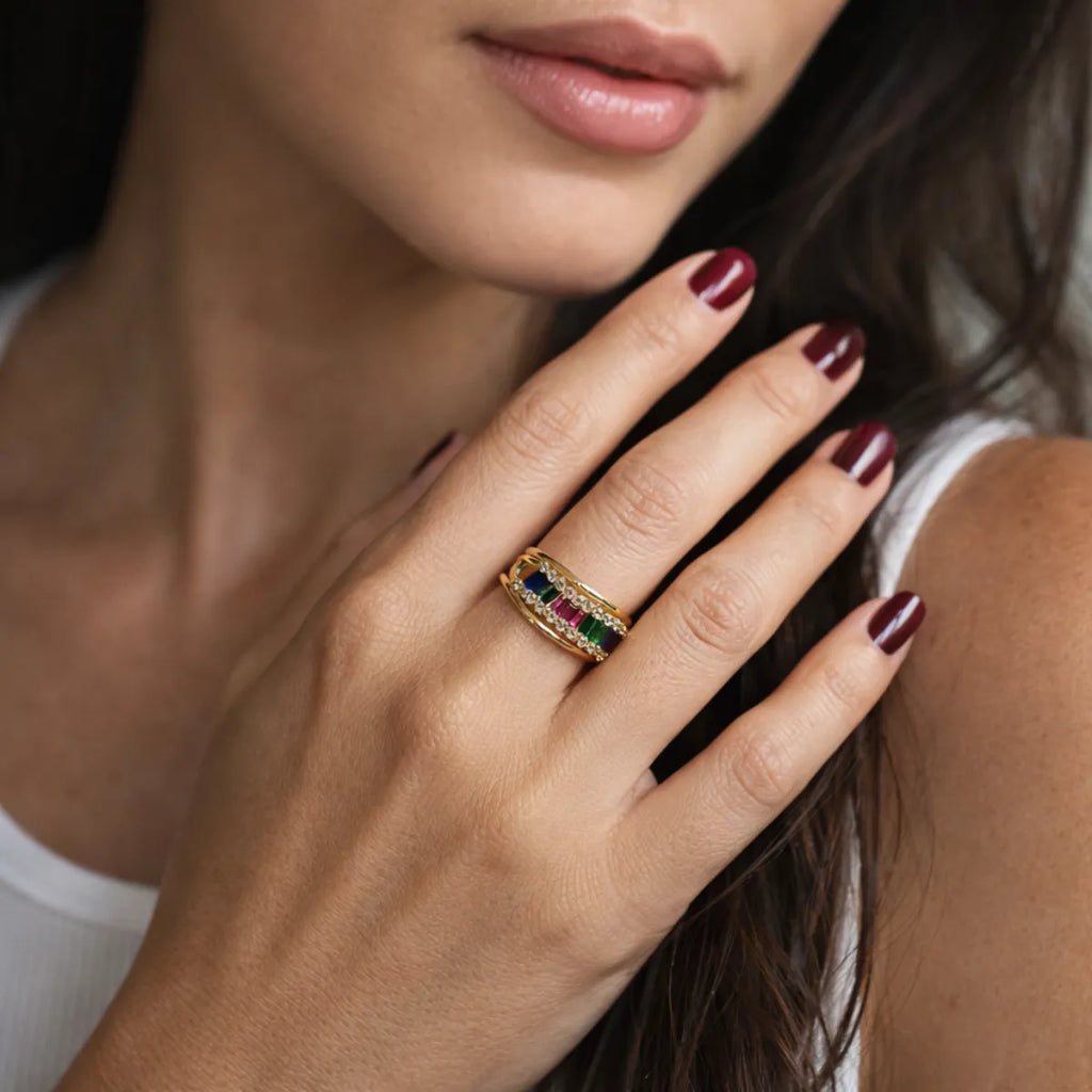 Baguette Multicolor Zirconia Adjustable Ring– 18K Gold Plated