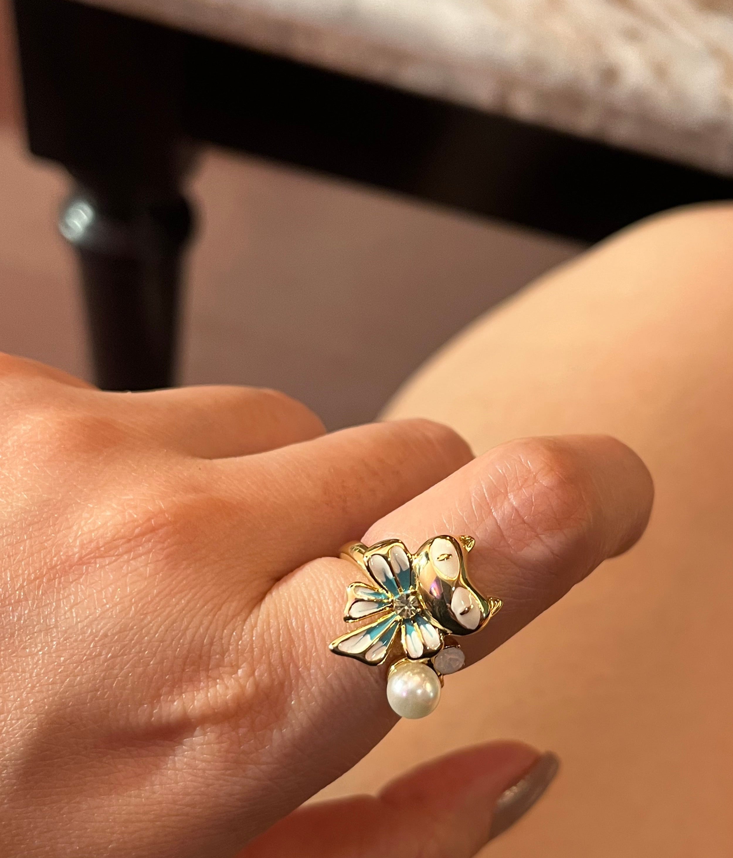 Golden Owl Pearl Adjustable Ring