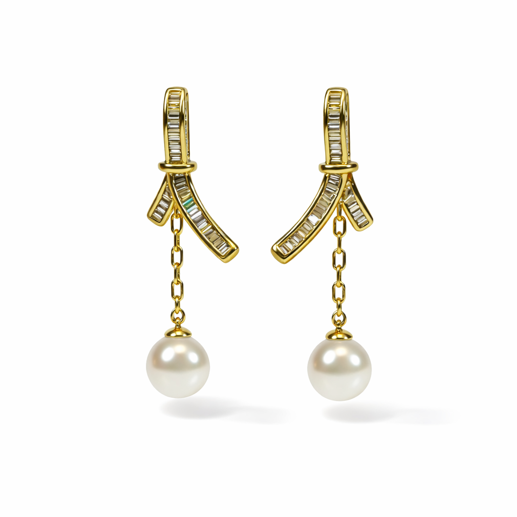 Golden Bow Pearl Drop Earrings