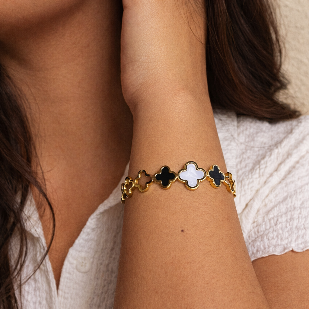 Black & White Clover Bangle Bracelet