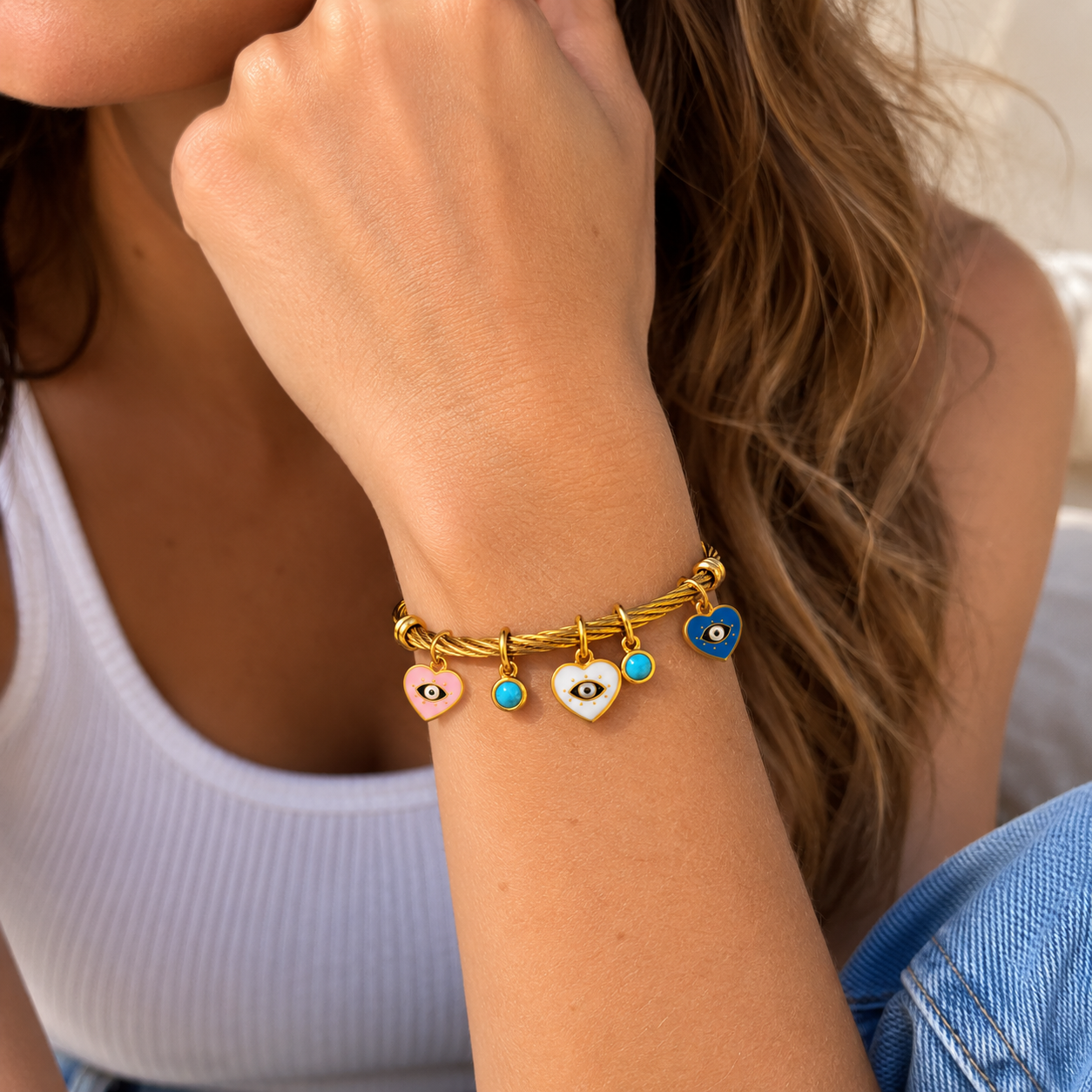 Hearts Semi Precious Stone Charm Adjustable Bracelet