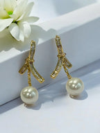 Golden Bow Pearl Drop Earrings