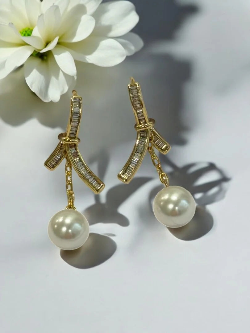 Golden Bow Pearl Drop Earrings
