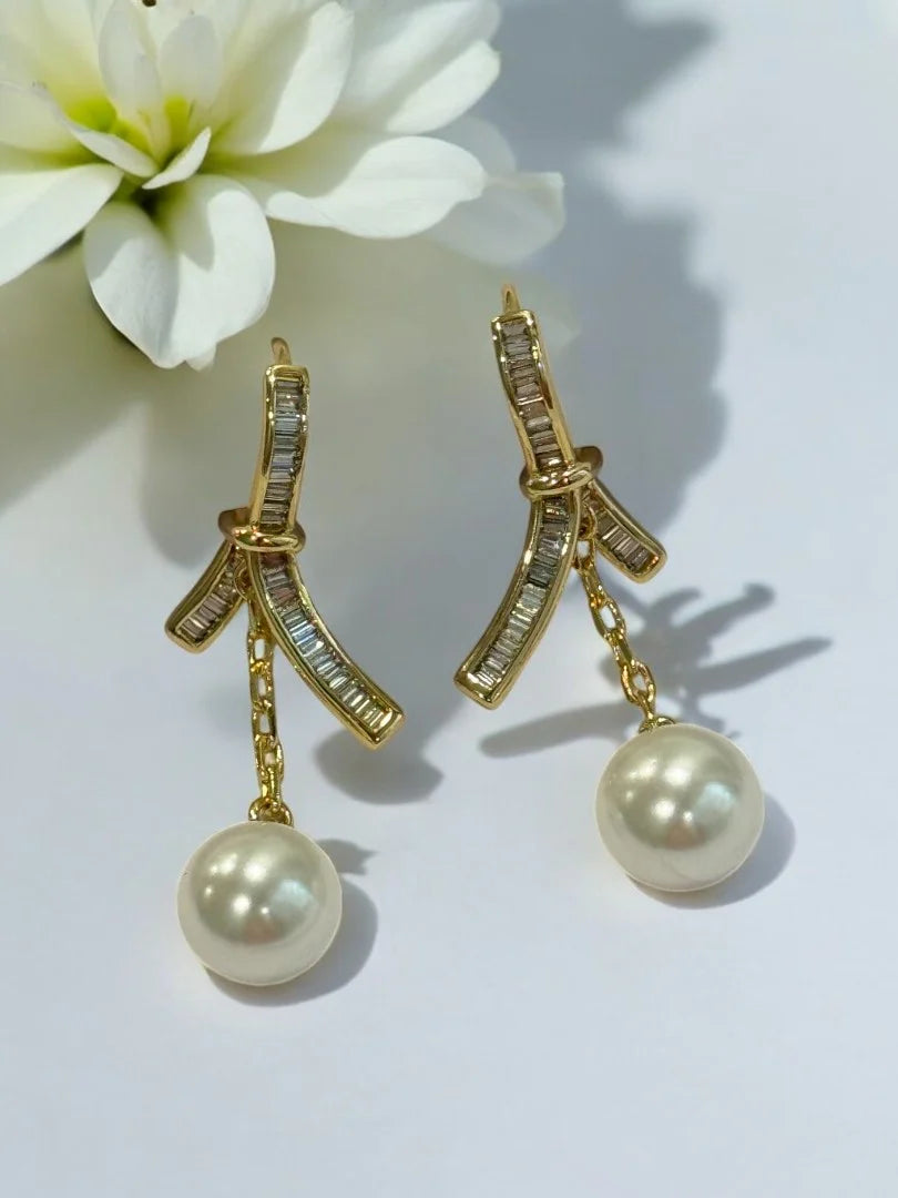 Golden Bow Pearl Drop Earrings