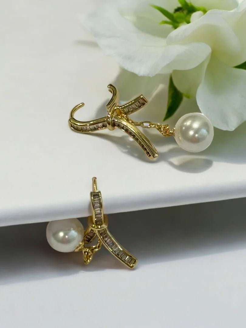 Golden Bow Pearl Drop Earrings