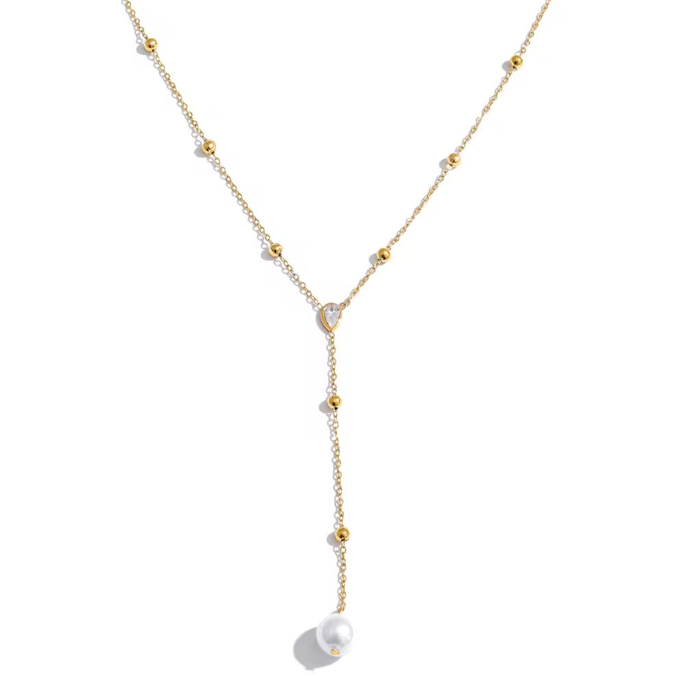 Y- Shape Zircon Pearl Droplet Lariat Necklace