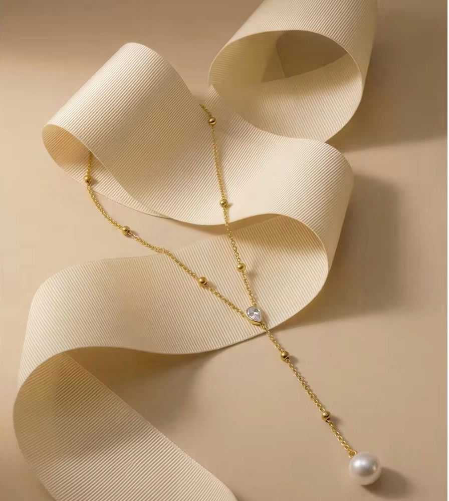 Y- Shape Zircon Pearl Droplet Lariat Necklace