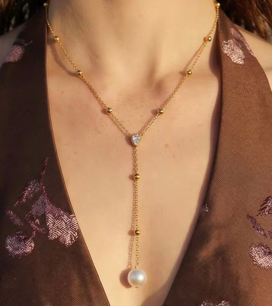 Y- Shape Zircon Pearl Droplet Lariat Necklace