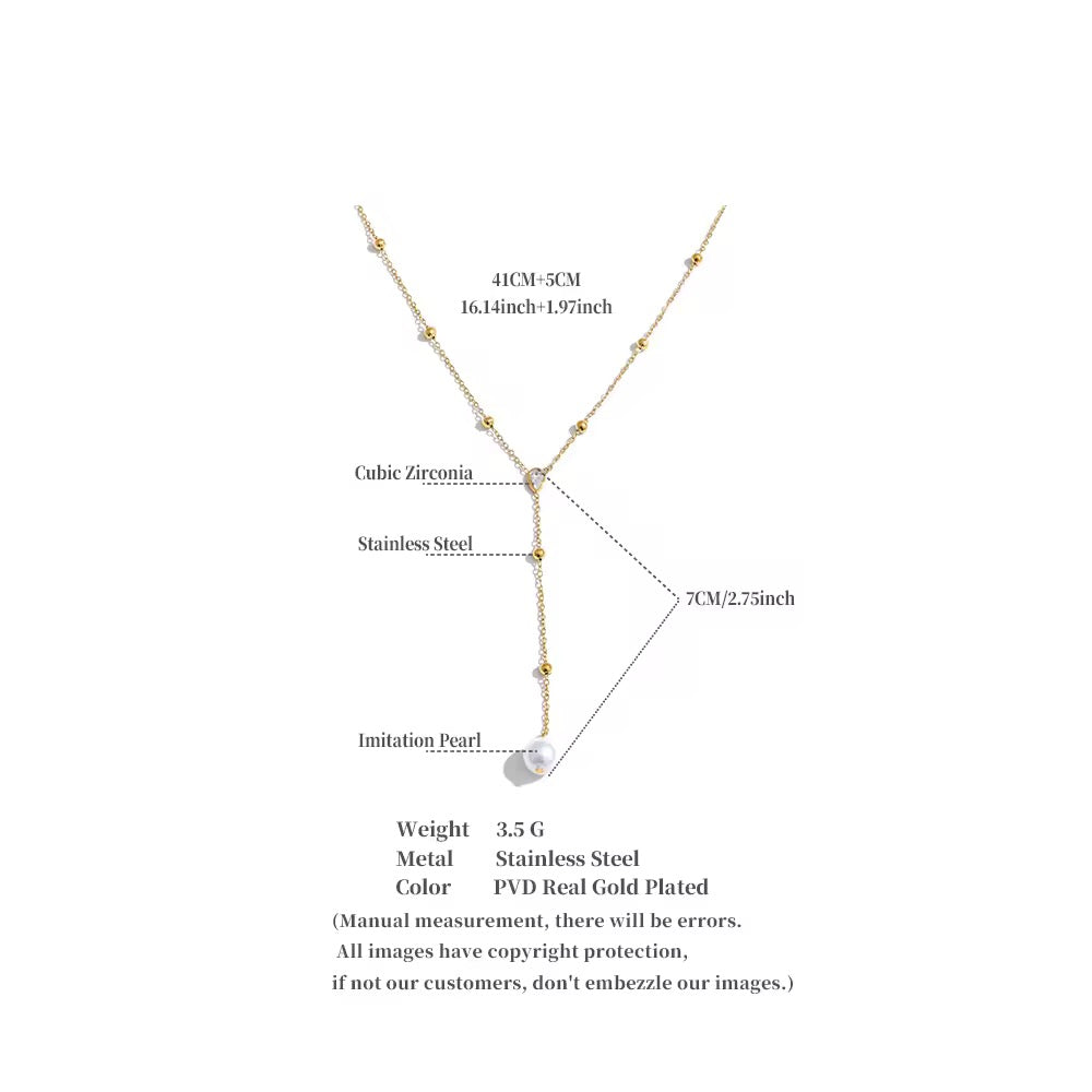 Y- Shape Zircon Pearl Droplet Lariat Necklace