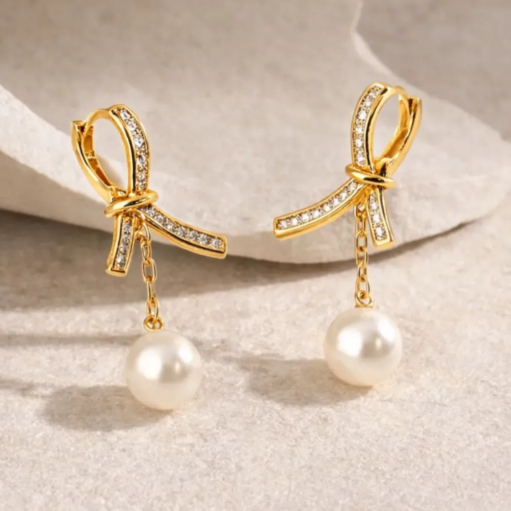 Golden Bow Pearl Drop Earrings