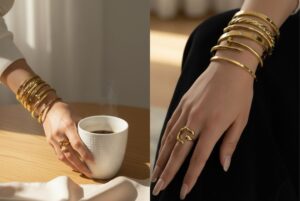 Solid gold vs gold-plated jewelry banner showing Mystelle’s 18k gold-plated rings and solid gold pieces side by side