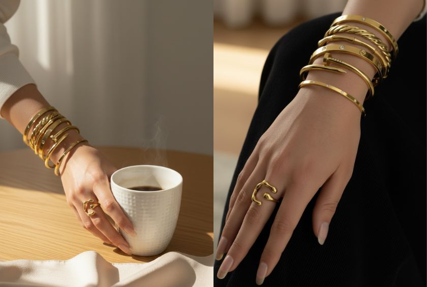 Solid gold vs gold-plated jewelry banner showing Mystelle’s 18k gold-plated rings and solid gold pieces side by side