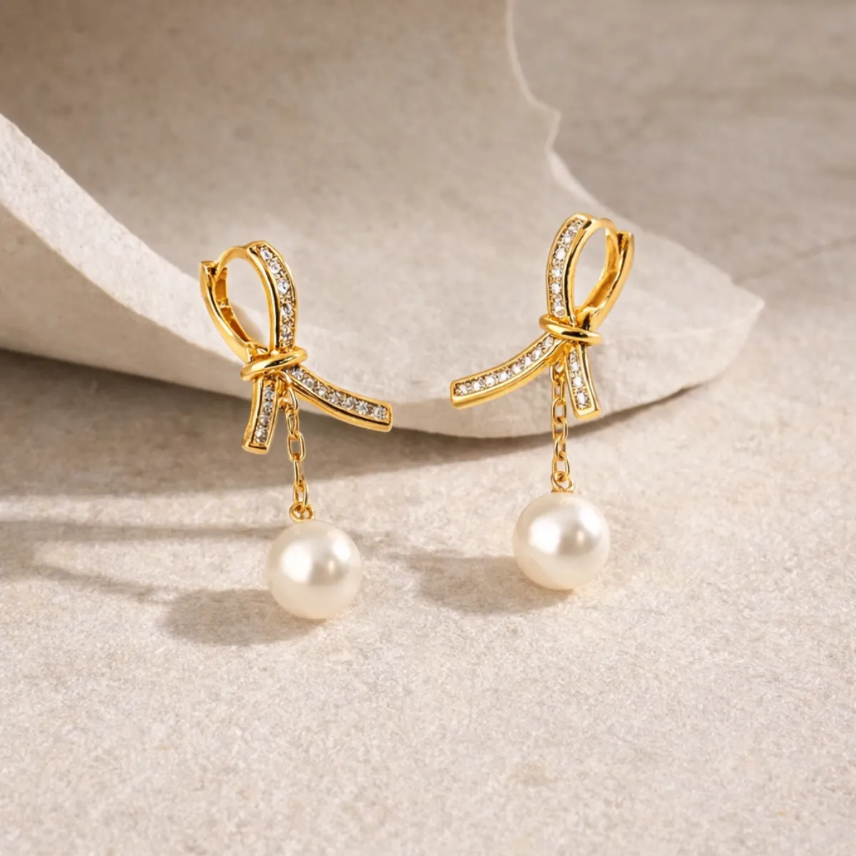 Golden Bow Pearl Earrings