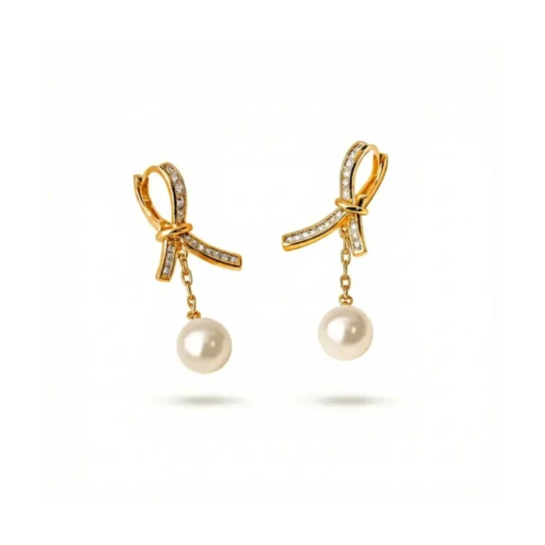 Golden Bow Pearl Drop Earrings– 18K Gold Plated