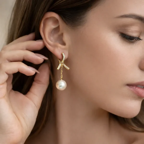 Golden Bow Pearl Drop Earrings– 18K Gold Plated