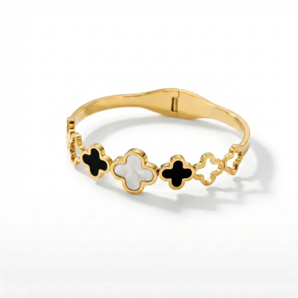 Black & White Clover Bangle Bracelet– 18K Gold Plated