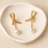 Golden Bow Pearl Drop Earrings– 18K Gold Plated