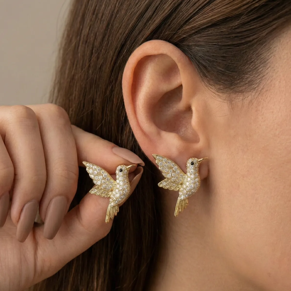 Golden Hummingbird Zircon Stud Earrings– 18K Gold Plated