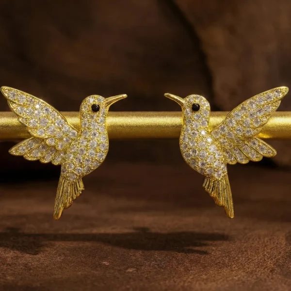 Golden Hummingbird Zircon Stud Earrings– 18K Gold Plated
