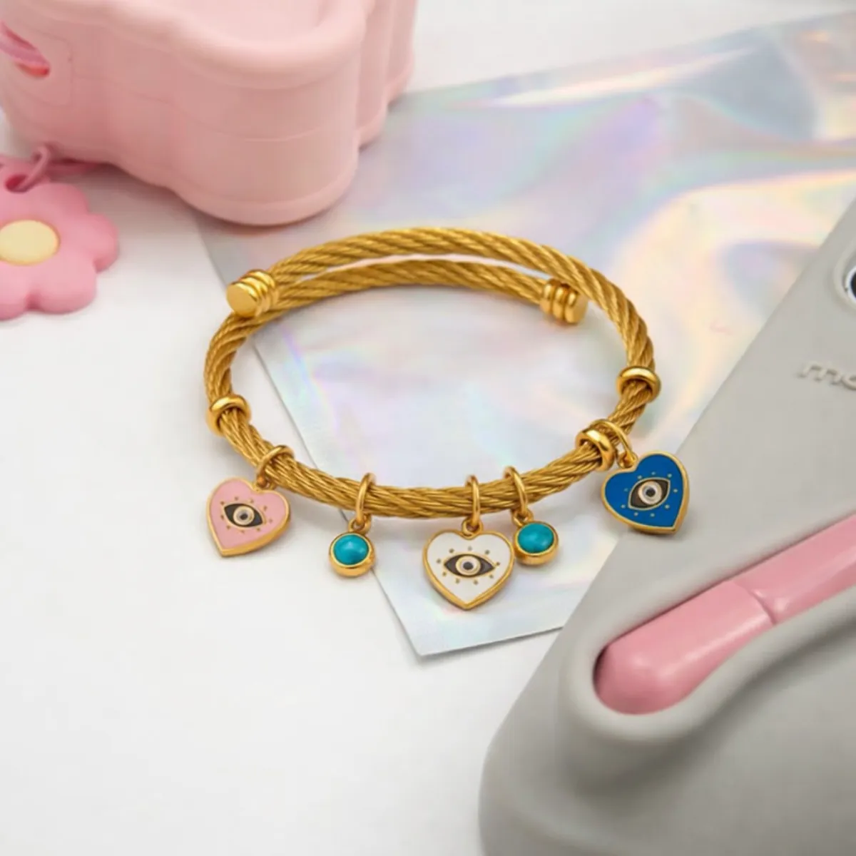 Hearts Semi Precious Stone Charm Adjustable Bracelet