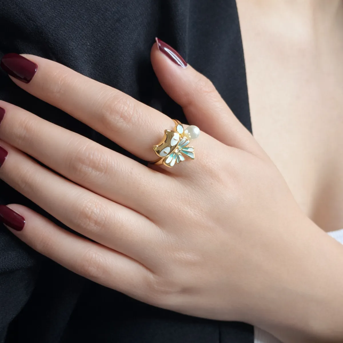 Golden Owl Pearl Adjustable Ring