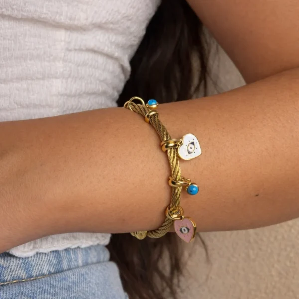 Hearts Semi Precious Stone Charm Adjustable Bracelet– 18K Gold Plated