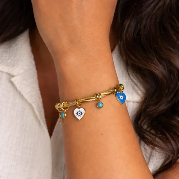 Hearts Semi Precious Stone Charm Adjustable Bracelet– 18K Gold Plated