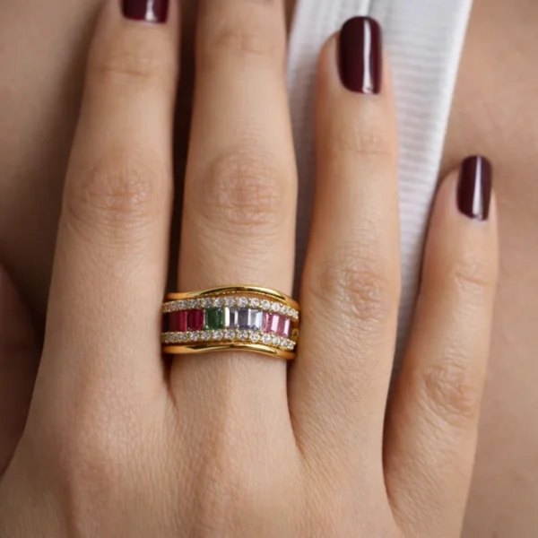 Baguette Multicolor Zirconia Adjustable Ring– 18K Gold Plated