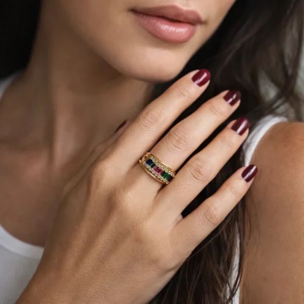 Baguette Multicolor Zirconia Adjustable Ring– 18K Gold Plated