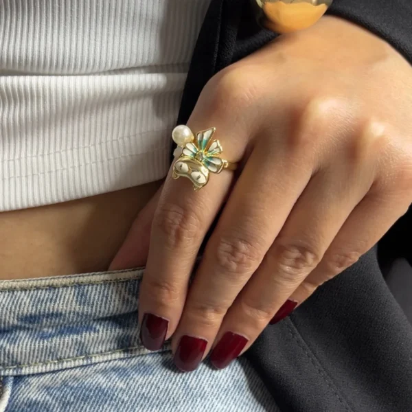 Golden Owl Pearl Adjustable Ring