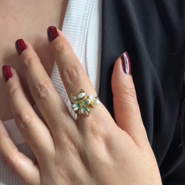 Golden Owl Pearl Adjustable Ring