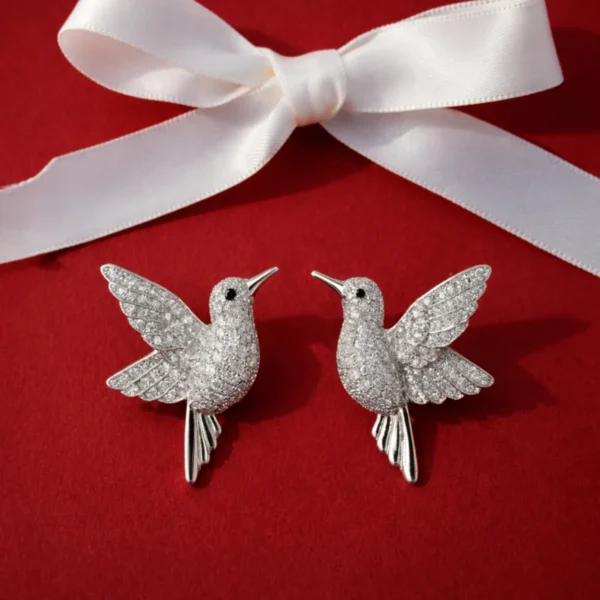 Silver-Tone Hummingbird Bird Stud Earrings with Zircon